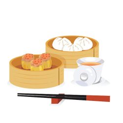 Vector of dimsum with hot tea and chopstick.